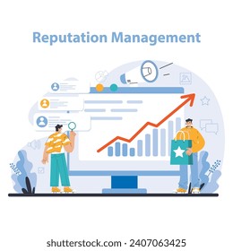 Reputation management. Building relationship with targeted audience. Customer satisfaction, experience, and engagement with a brand. Public relations strategy. Flat vector illustration