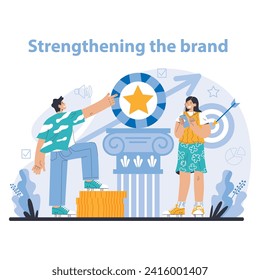 Reputation management. Building relationship with targeted audience. Customer satisfaction, experience, and engagement with a brand. Public relations strategy. Flat vector illustration