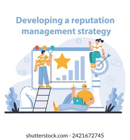 Reputation management. Building relationship with targeted audience. Customer satisfaction, experience, and engagement with a brand. Public relations strategy. Flat vector illustration
