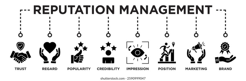 Reputation management concept with icon of trust, regard, popularity, credibility, impression, position, marketing and brand. Banner web icon vector illustration