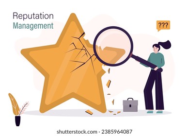 Reputation management concept. Need to improve rating of customer reviews. Customer experience, low rating, negative feedback. Crisis manager repair or fix customer trust problem. vector illustration.