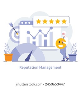 Reputation Management Concept. Strategies for positive brand perception and stellar public relations showcased with top ratings. Vector illustration.