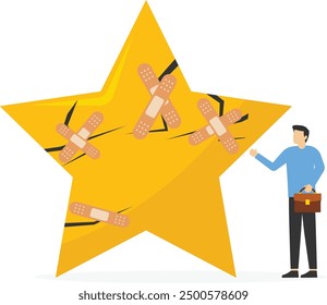 Reputation management, customer experience or rating, crisis management to repair or fix customer trust problem, credit score or satisfaction concept, businessman fix broken rating star with bandage.

