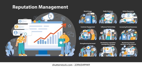 Reputation management dark or night mode set. Building relationship with targeted audience. Customer satisfaction and engagement with a brand. Public relations strategy. Flat vector illustration