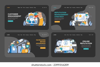 Reputation management dark or night mode web or landing set. Relationship with targeted audience. Customer satisfaction and engagement with a brand. Public relations strategy. Flat vector illustration