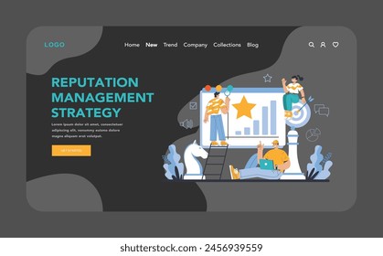 Reputation management dark or night mode web or landing. Relationship with targeted audience. Customer satisfaction and engagement with a brand. Public relations strategy. Flat vector illustration