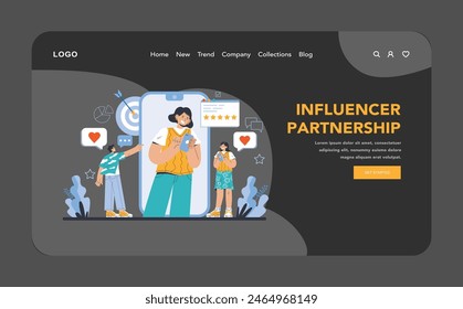 Web o aterrizaje en modo oscuro o nocturno. Relación con el público objetivo. Satisfacción del Cliente y compromiso con una marca. Estrategia de relaciones públicas. Ilustración vectorial plana