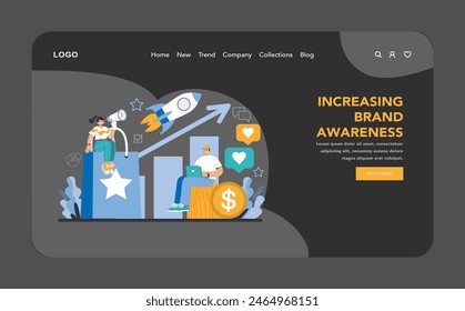 Reputation management dark or night mode web or landing. Relationship with targeted audience. Customer satisfaction and engagement with a brand. Public relations strategy. Flat vector illustration