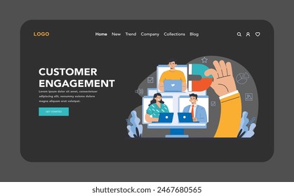 Reputation management dark or night mode web or landing. Relationship with targeted audience. Customer satisfaction and engagement with a brand. Public relations strategy. Flat vector illustration