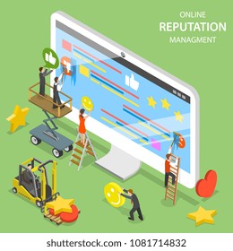 Reputation management flat isometric vector. Group of people are trying to replace negative symbols of customer feedbacks with positive ones.