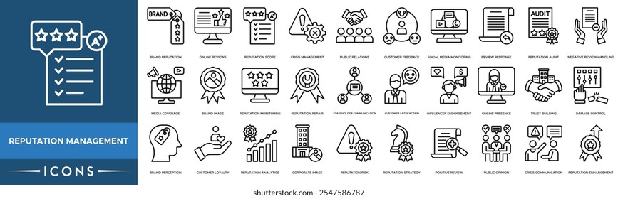 Ícone de gerenciamento de reputação. Reputação da marca, revisões on-line, pontuação de reputação, gerenciamento de crises e relações públicas