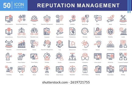 Icône Gestion de la réputation jeu de collections. Icône contenant la réputation, la marque, la confiance, la perception, la présence en ligne, l'Image publique, la crédibilité. Illustration d'Images vectorielles simples.