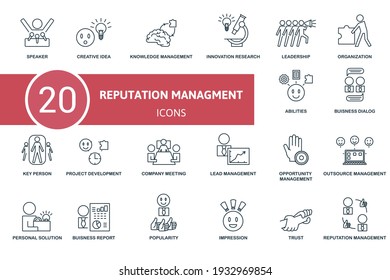 Reputation Management Icon Set. Contains Editable Icons Reputation Management Theme Such As Creative Idea, Innovation Research, Organization And More.