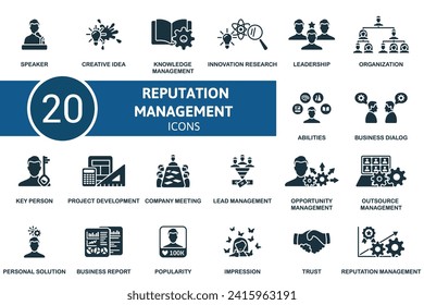 Reputation management icons set. Creative icons: speaker, creative idea, knowledge management, innovation research, leadership, organization and more