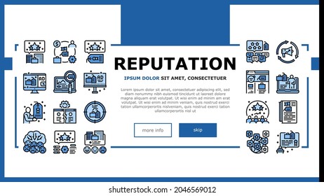 Vector de plantilla de encabezado de página web de inicio de administración de reputación. Medios Sociales Y Embajador De Marca, Gestión De La Reputación Mundial De La Empresa Y Reseñas Ilustración
