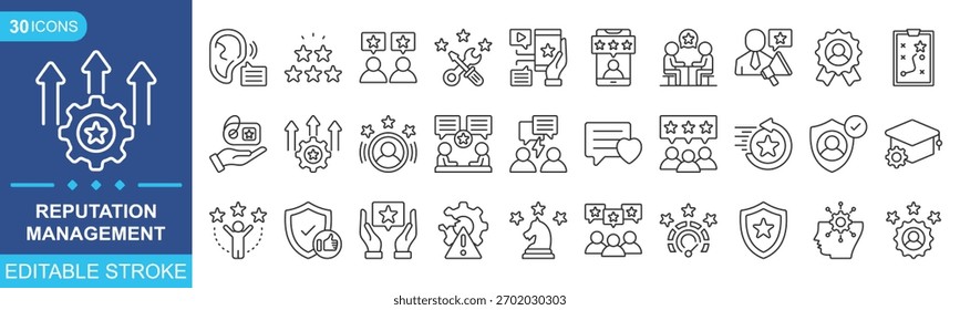 Conjunto de iconos de esquema de administración de reputación. Premio, alta calidad, marca, percepción, credibilidad y más. Trazo editable. Ilustración vectorial EPS 10