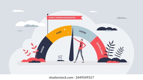 Reputation management with PR public opinion analysis tiny person concept. Labeled barometer with poor, good or excellent satisfaction about company or individual performance vector illustration.