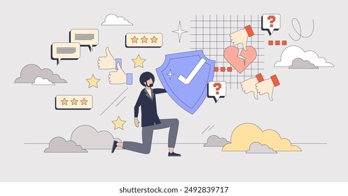 Reputation management with PR service tiny person neubrutalism concept. Feedback and satisfaction organization with good positive reviews highlighting and hiding negative opinions vector illustration