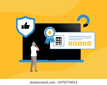 Reputation management service for online and offline businesses. Social media reputation management with brand feedback analysis. Isolated vector illustration