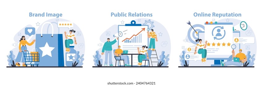 Reputation management set. Building relationship with targeted audience. Customer satisfaction, experience, and engagement with a brand. Public relations strategy. Flat vector illustration