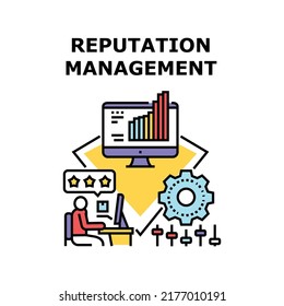 Concepto de icono del vector de administración de reputación. Gestión De La Reputación Haciendo Gerente De Marketing En Internet, Realizar Preferencias De Publicidad De Red Y Revisión En Medios Sociales. Ilustración de color