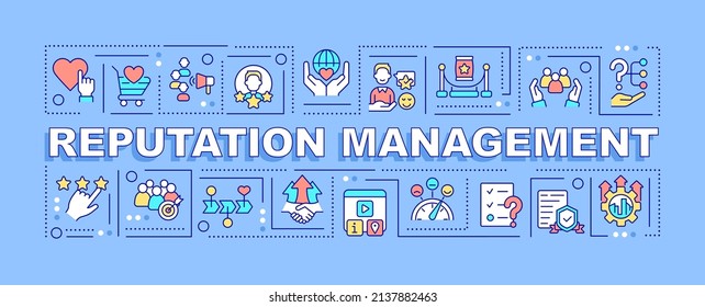 Reputation management word concepts blue banner. PR promotion strategy. Infographics with icons on color background. Isolated typography. Vector illustration with text. Arial-Black font used