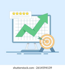Reputation Marketing Concept. Computer with Target Arrow and Rating Stars. expert stars, excellence or great service, professional quality and good reputation, or best rating. flat design illustration