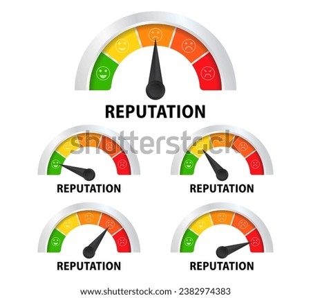 Reputation meter with different emotions. Measuring gauge indicator. Black arrow in coloured chart background. Indicator of Trust with Arrow Pointing on Smiling Emotion. Vector illustration