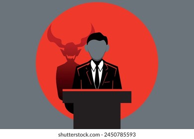 reputation, politician deceiving people and telling lies behind a pulpit, leader cheating with the public. lack of credibility and falsehood. vector illustration.