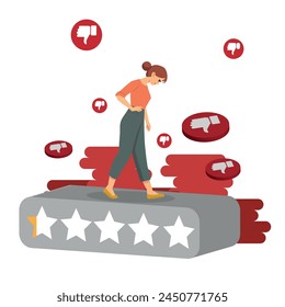 Reputation, sad businesswoman with bad reviews, brand with lack of credibility. vector illustration.
