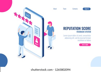 Reputation Score Isometric Concept, Opinion With Star On Mobile Phone App, Feedback, Ux Ui Desing, Application Development, Color Isometric Flat Vector Illustration