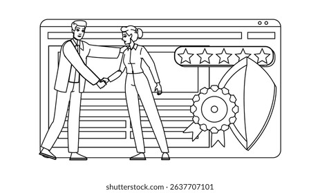reputation trust signals vector. line leadership, management check, satisfaction meeting reputation trust signals character. people black line pencil drawing illustration