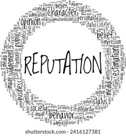Reputationswort Cloud konzeptionelles Design einzeln auf weißem Hintergrund.