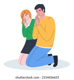 Request for blessing for marriage. Appeal to higher powers, God and the universe. A young couple kneels with their hands clasped in supplication. Flat vector illustration. Eps10