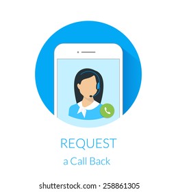 Request a call back webform design with call center operator and smartphone. Text is outlined. Free font Lato