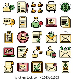 Request icons set. Outline set of request vector icons thin line color flat on white