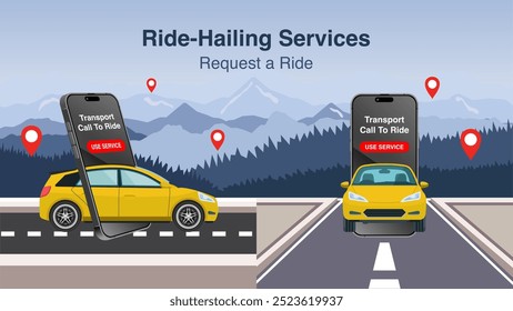 Solicite uma viagem e eficiente Smartphone Ride-Hailing Service. Use nosso aplicativo móvel para ligar para táxis e veículos. Vetor.