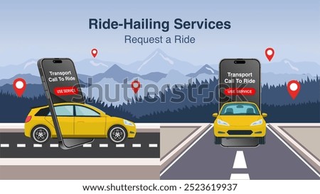 Request a Ride and Efficient Smartphone Ride-Hailing Service. Use Our Mobile App to Call Taxis and Vehicles. Vector.