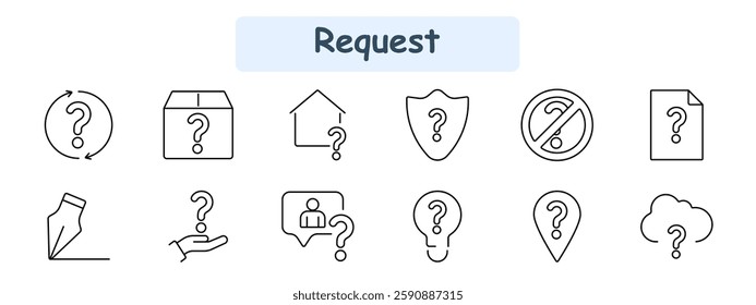 Request set icon. Circular inquiry, package request, home request, security question, restricted access, document inquiry, writing, help, user query, idea, location, cloud question.
