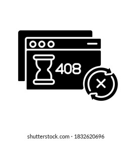 Request timeout black glyph icon. HTTP status code, server connection problem. Client error warning message silhouette symbol on white space. Internet page notification. Vector isolated illustration