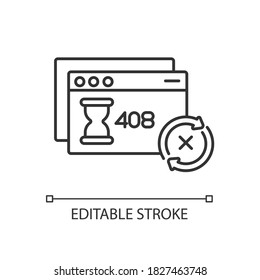 Request timeout linear icon. HTTP status code, server connection problem. Client error message thin line customizable illustration. Contour symbol. Vector isolated outline drawing. Editable stroke