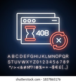Request timeout neon light icon. Outer glowing effect. HTTP status code, server connection problem. Client error message sign with alphabet, numbers and symbols. Vector isolated RGB color illustration