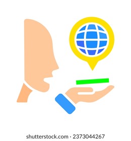 Solicitud a traductor por icono de línea de voz. Comunicación, idioma, vocabulario, aprendizaje, extranjero, turismo. Icono de color vectorial en un fondo blanco para negocios y publicidad.