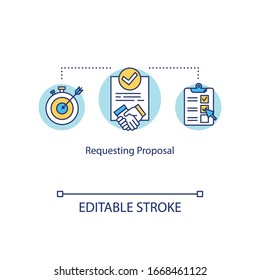 Requesting proposal concept icon. Asking potential suppliers offer idea thin line illustration. Business contracts and deals documentation. Vector isolated outline RGB color drawing. Editable stroke