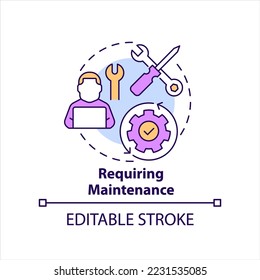 Require maintenance concept icon. Hardware services. Equipment drawbacks. Business abstract idea thin line illustration. Isolated outline drawing. Editable stroke. Arial, Myriad Pro-Bold fonts used