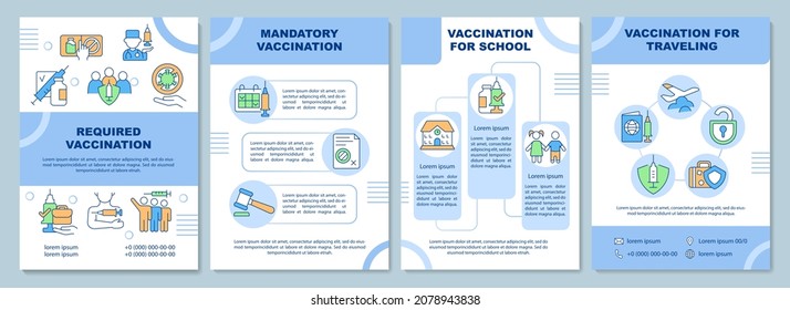 Required vaccination brochure template. For school and traveling. Flyer, booklet, leaflet print, cover design with linear icons. Vector layouts for presentation, annual reports, advertisement pages