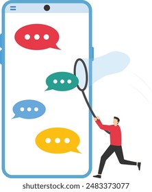 Requirement gathering, catch up meeting summary, client or customer opinion, conversation, effective communication or message and conversation concept, businessman catching dialog speech bubble.

