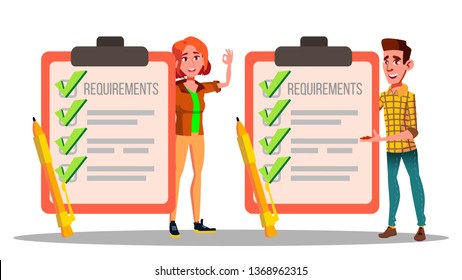 Requirements, Checklist, Schedule, Compliance Vector Drawings Set. Job, Vacancy Requirements Isolated Cliparts Pack. Businessman, Businesswoman Holding Huge Clipboards Flat Illustration