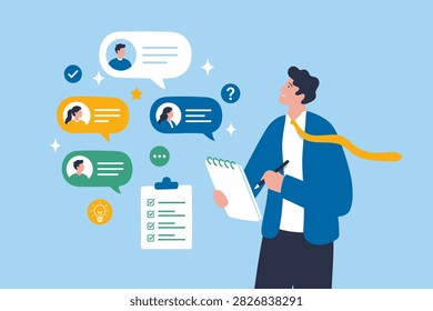 Requirements gathering, client demand or customer opinion, summary or meeting conclusion, stakeholders use case, lecture or meeting note concept, businessma VECTOR