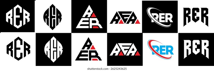 RER Buchstaben Logo Design in sechs Stil. RER Polygon, Kreis, Dreieck, Sechseck, flach und einfach Stil mit schwarz-weißem Farbvariationsbuchstaben Logo in einem Zeichenbrett gesetzt. RER minimalistisches und klassisches Logo